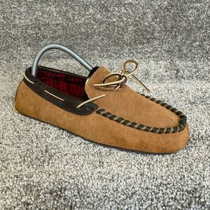 Woolrich Men Brown Suede Leather Slippers Moccasin Flannel Lined Small 8.5 - 9.5